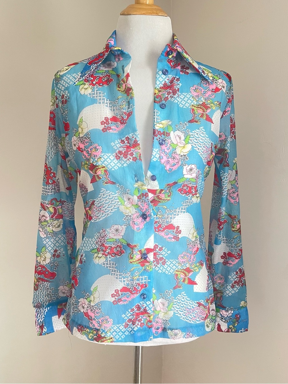 True Vintage 70’s Sheer Blue Button Up Dragon Print Blouse